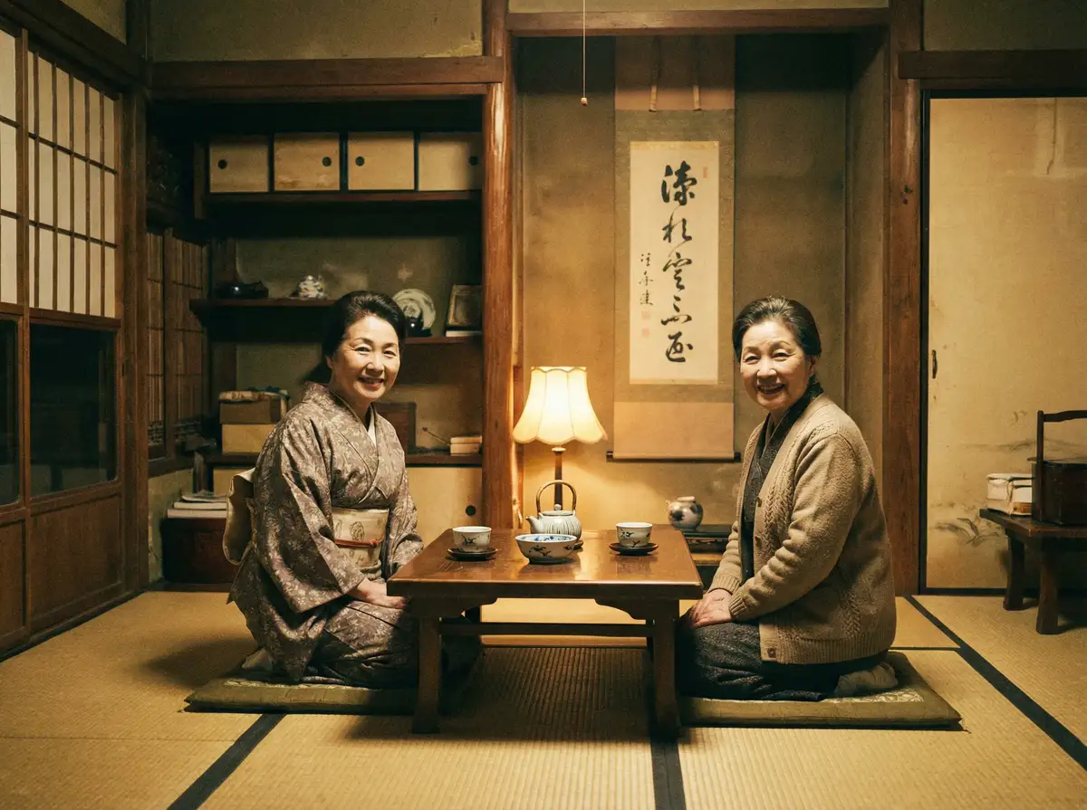 两位优雅的 体育生视频 在日式茶室中品茶交谈